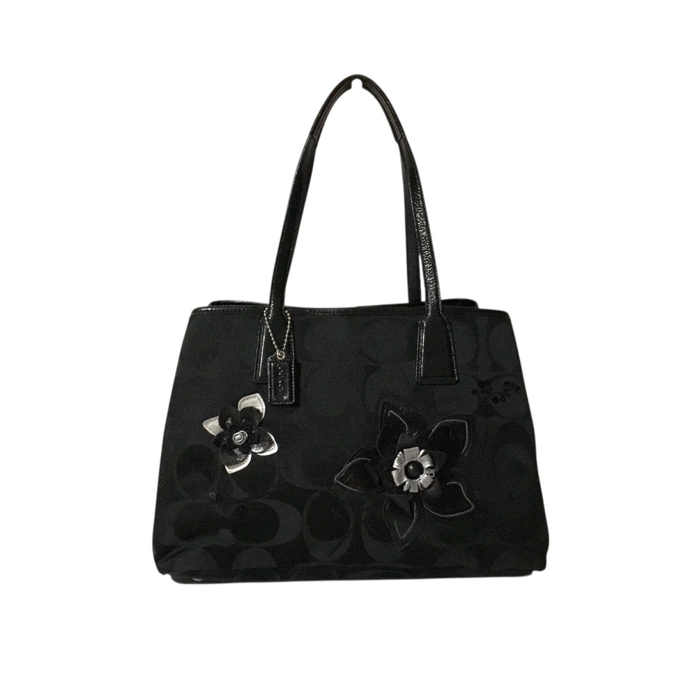 Black Floral Tote Bag with Leather Handles